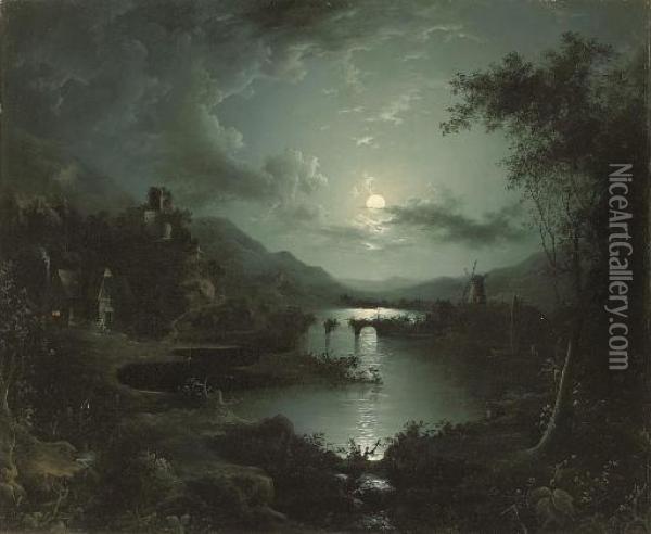 A Cottage And Castle Along A Moonlit River, A Windmill Beyond Oil Painting - Henry Pether