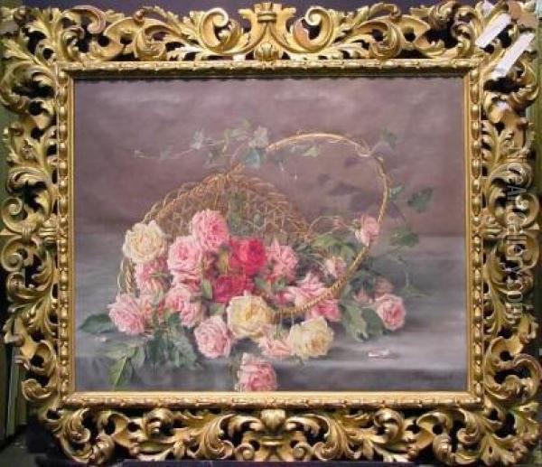 Pink, Red And Yellow Roses Spilling From A Basket Oil Painting - Licinio Barzanti