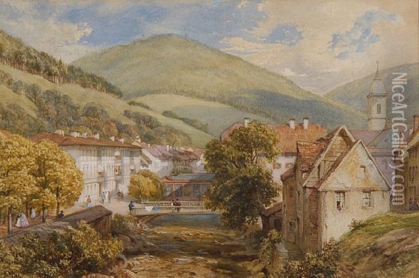 Alpine Village Oil Painting - James T. Herve D' Egville