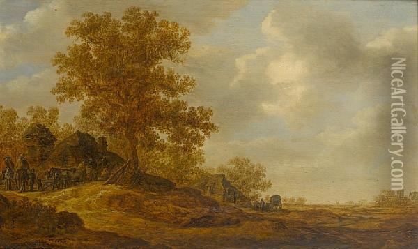 A Wooded Landscape With Travellers Halting Before An Inn Oil Painting - Jan van Goyen