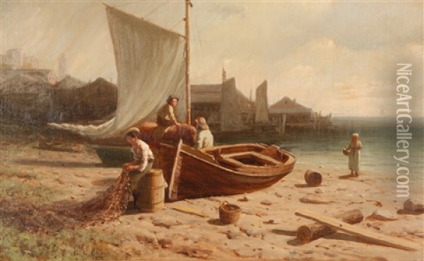 Dry Dock Boats, Seaside Village Oil Painting - George Lafayette Clough