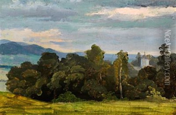 Landscape With Trees And Church Tower Oil Painting - Frederik (Fritz) Petzholdt