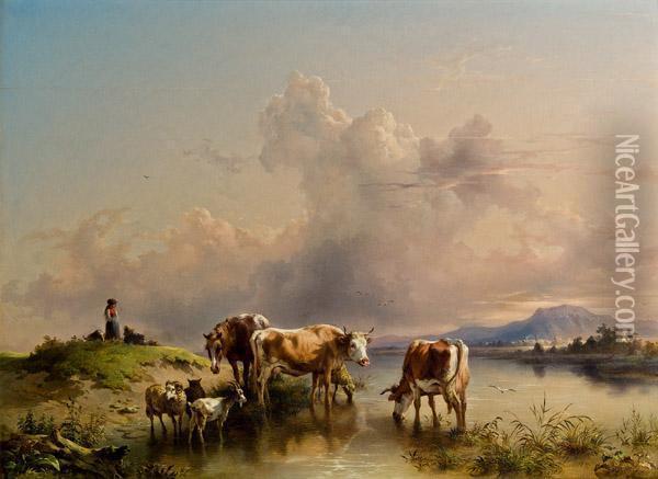 Herde Am Seeufer (lundenburger Gegend?) Oil Painting - Friedrich Gauermann