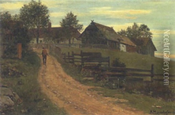 Abendstimmung Am Bauernhof Oil Painting - Adolf Mayerhofer