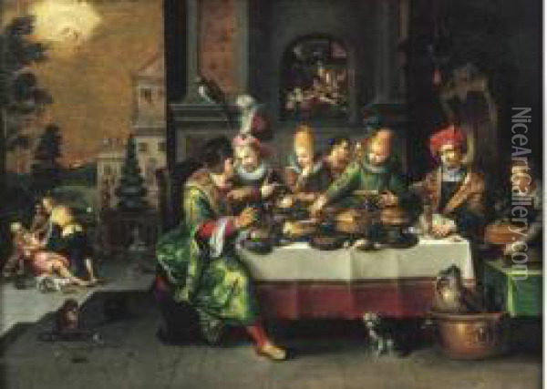 Scene De Banquet : Lazare Et Le Mauvais Riche Oil Painting - Kasper or Gaspar van den Hoecke