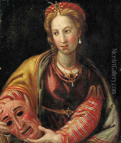 Portrait of a lady, half-length, holding a mask Oil Painting - Italian School
