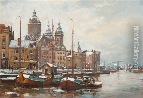 Wintergezicht Op De Sint Nicolaaskerk En Schreierstoren Te Amsterdam Oil Painting - Dirk Johannes Van Haaren