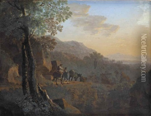 An Italianate Rocky Landscape With Herdsmen Driving Cows On A Path Oil Painting - Willem de Heusch