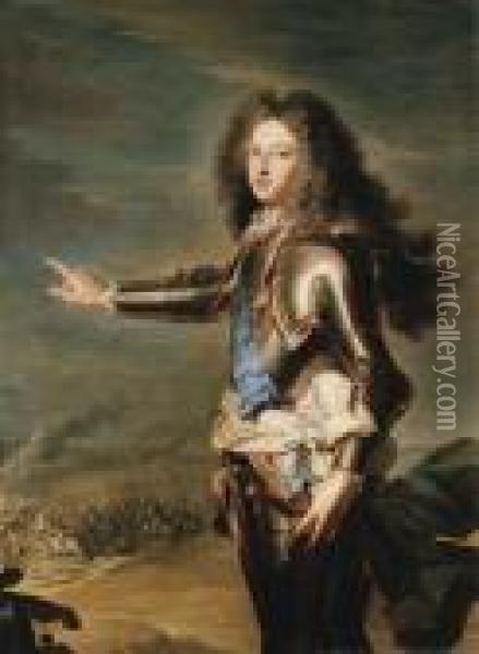 Portrait Of Louis De France, Duc
 De Bourgogne (1682-1712), Three-quarter-length, In Armour, A 
Battlefield Beyond Oil Painting - Hyacinthe Rigaud