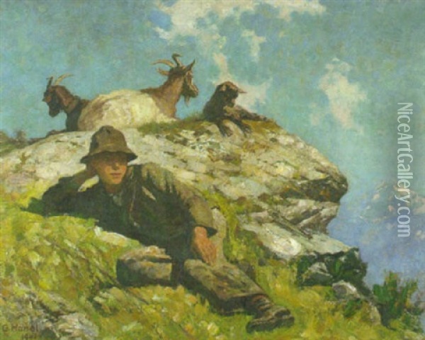 Rast Des Ziegenhirten Mit Seinen Ziegen Auf Gebirgswiese Im Sonnenlicht Oil Painting - Georg Haenel