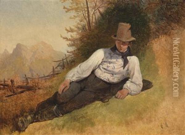 Farming Lad Lying In A Meadow Oil Painting - Friedrich Gauermann