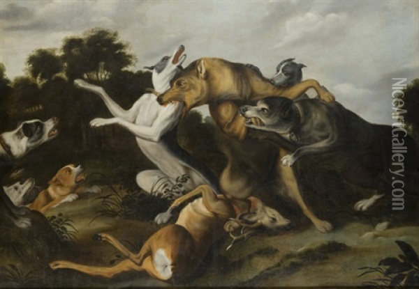 Scena Di Caccia Con Lupo Attaccato Da Cani (hunting Scene With A Wolf Assailed By Dogs) Oil Painting - Abraham Danielsz Hondius