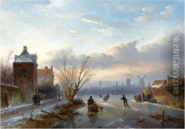 Skaters Near A 'koek En Zopie', A Dutch Town In The Distance Oil Painting - Jan Jacob Coenraad Spohler