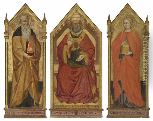A Triptych: The Central Panel: Saint Peter Enthroned; The Left Wing: Saint Anthony Abbot; The Right Wing: Saint Mary Magdalene Oil Painting - Mariotto Di Nardo