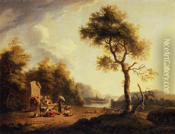 A River Landscape With Shepherdesses And Cattle By A Nymphaeum Oil Painting - Jacob Philipp Hackert