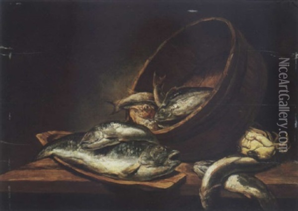 A Bass And A Hake In A Wooden Trencher, A Red Gurnard, A Whiting And Other Fish In A Pannier, With A Crab And Sardines On A Wooden Table Oil Painting - Alexander Adriaenssen the Elder
