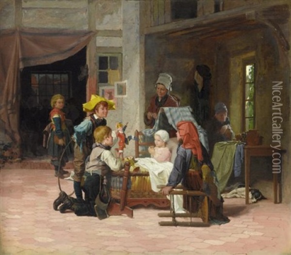 Das Kranke Madchen Wird Von Der Familie Aufgeheitert (jeune Fille Malade) Oil Painting - Antoine Edouard Joseph Moulinet