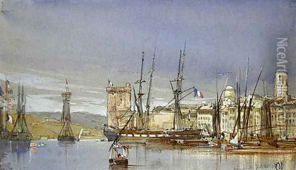 Marseilles, Shipping at Anchor and a Merchant Ship Becalmed, 1836 Oil Painting - William Callow
