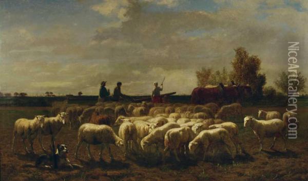 Landschaft Mit Schafherde Und Pflugenden Bauern. Oil Painting - Edmond De Pratere
