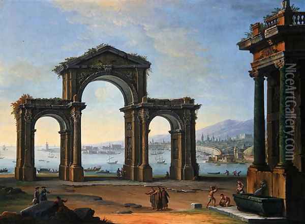 Harbour Scene with Triumphal Arch Oil Painting - Antonio Joli
