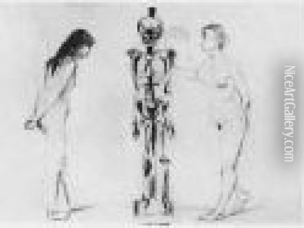 The Women And The Skeleton (woll 51; Scheifler 44) Oil Painting - Edvard Munch