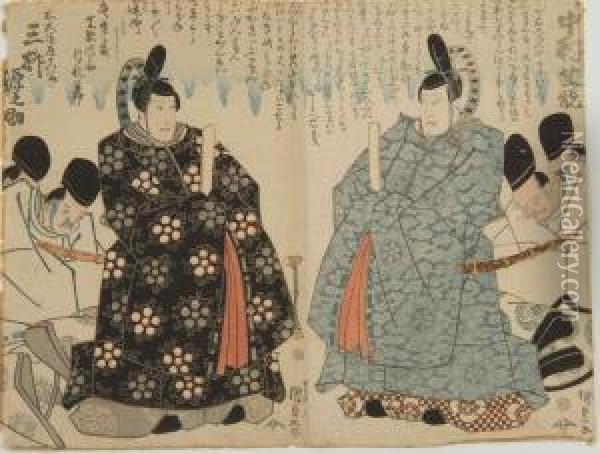 Depicting Two Court Officials With Extensive Calligraphy. Oil Painting - Kunisada