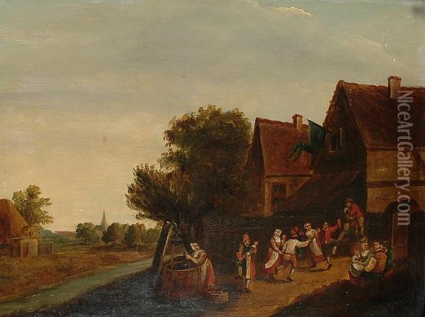 Peasants Dancing Before An Inn With A Woman Drawing Water From A Well Nearby Oil Painting - David The Younger Teniers