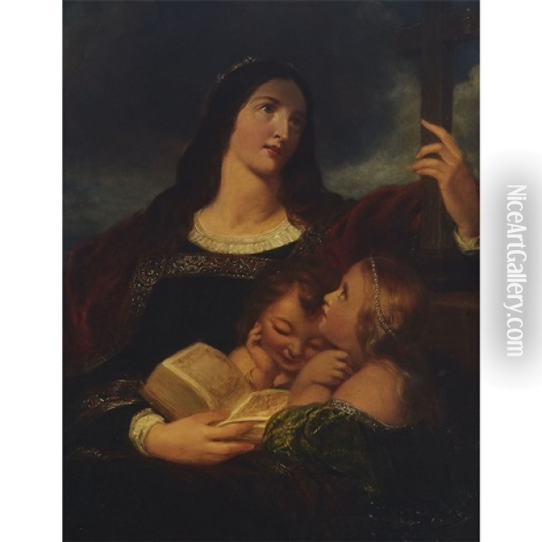 Queen Bertha (of Kent) Wife Of Ethelbert Educating Her Children ( Oil Painting - Edmond Thomas Parris