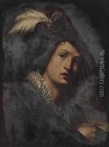 A Young Man Wearing A Feathered Hat, Holding A Sheet Of Music Oil Painting - Niccolo Renieri (see Regnier, Nicolas)