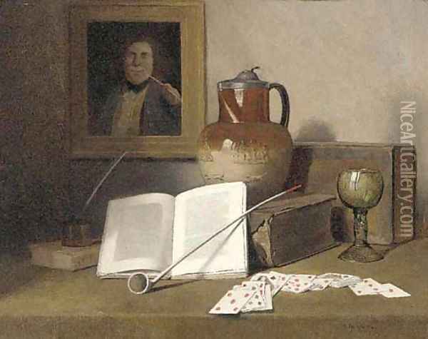 Playing cards, a pipe, a goblet, a ewer and books on a table Oil Painting - Herbert Izant