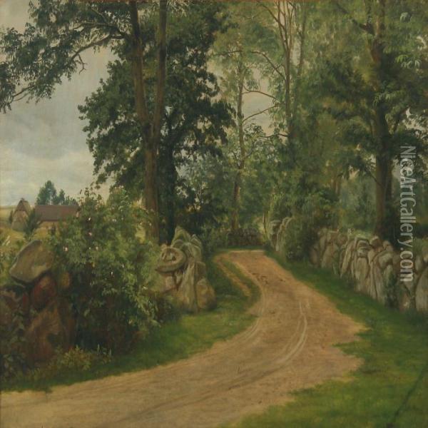 Summer Landscapewith Road Running Along Stone Fences Oil Painting - Christian Zacho