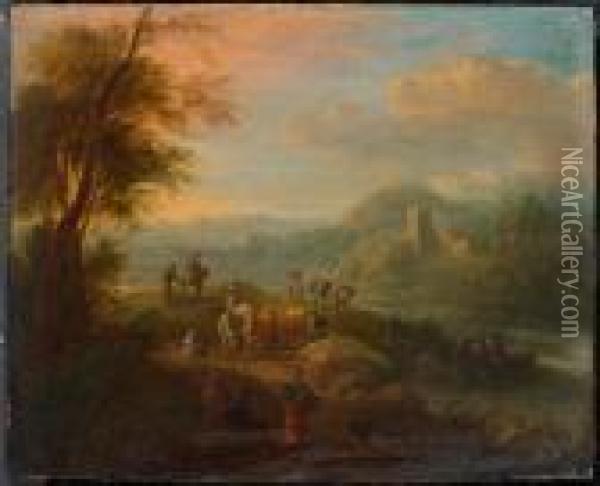 River Landscape With Travellers And Cows. Oil Painting - Theobald Michau