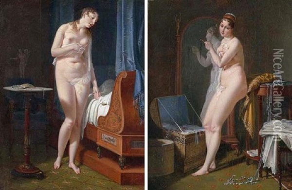 La Veille Du Mariage: A Nude Woman Standing By A Bedridden Man Oil Painting - Jean-Baptiste Mallet