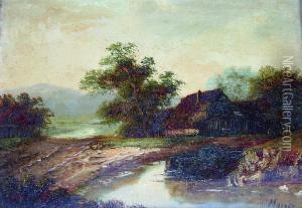 Old Barn By A Country Pool Oil Painting - Charles Morris