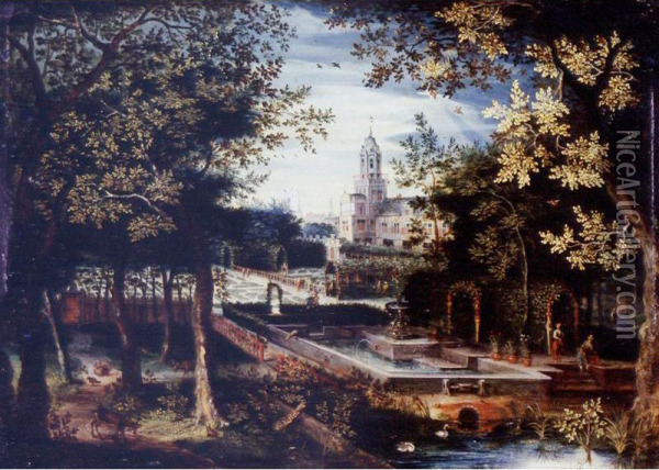 Wooded Landscape With Animals And Huntsmen, A Manorhouse And Gardens Beyond Oil Painting - Balthasar Lauwers