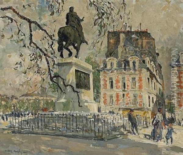 Square Du Vert Gallant, Statue Of Henry Iv, Paris Oil Painting - Jules Eugene Pages