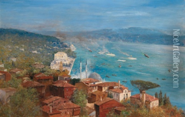 Blick Auf Istanbul Mit Dolmabahce Palast Und Der Artakoy-moschee Oil Painting - Max Friedrich Rabes