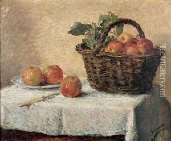 Nature Morte, Le Panier De Pommes Sur La Table Oil Painting - Henri Lerolle