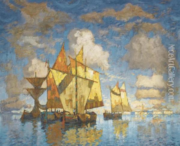 Fishing Boats In The Lagoon, Venice Oil Painting - Konstantin Ivanovich Gorbatov