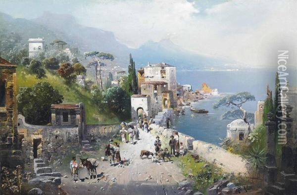 A Busy Coastal Path On The Bay Of Naples, Vesuvius Beyond Oil Painting - Robert Alott