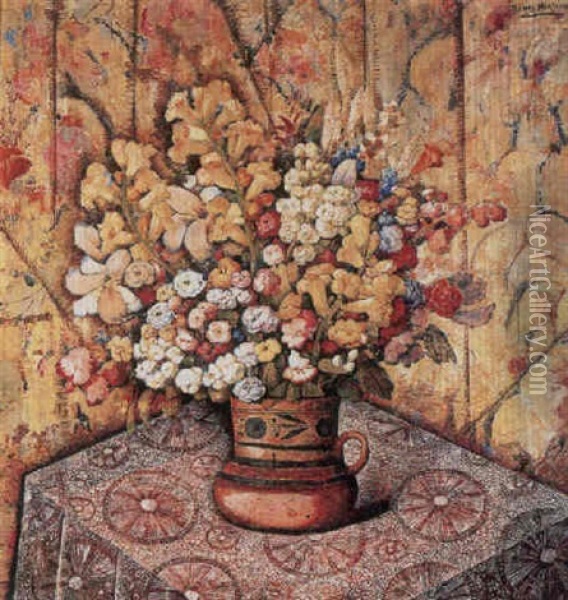 A Mexican Bouquet In A Tan Jug Oil Painting - Alfredo Ramos Martinez