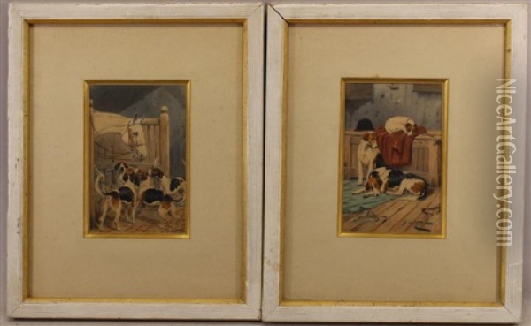 Framed Watercolors Of Hounds In An Interior Setting Oil Painting - George Wright