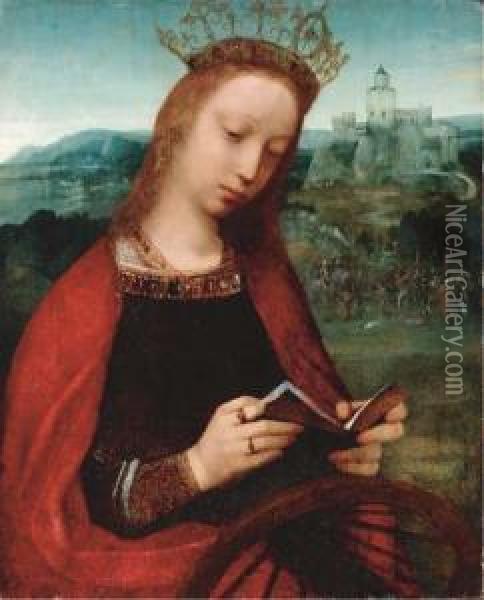 Saint Catherine Of Alexandria, With The Scene Of Her Martyrdom Beyond Oil Painting - Adriaen Isenbrandt (Ysenbrandt)