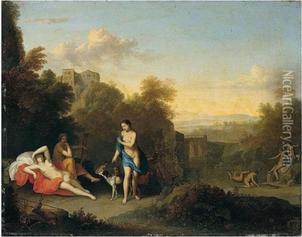 An Italianate Landscape With Diana And Her Nymphs Bathing And Resting Oil Painting - Daniel Vertangen