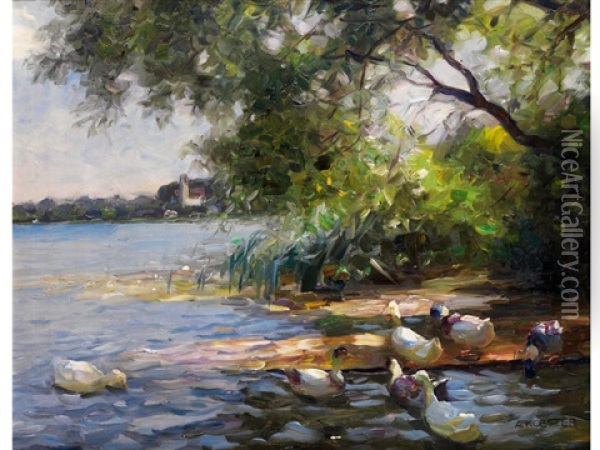 Enten Am Ufer Unter Baumen Oil Painting - Alexander Max Koester