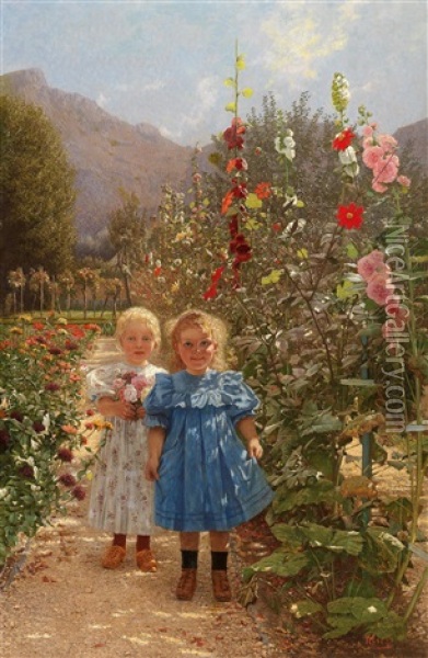 Two Girls In A Blossoming Garden Oil Painting - Frigyes Friedrich Miess