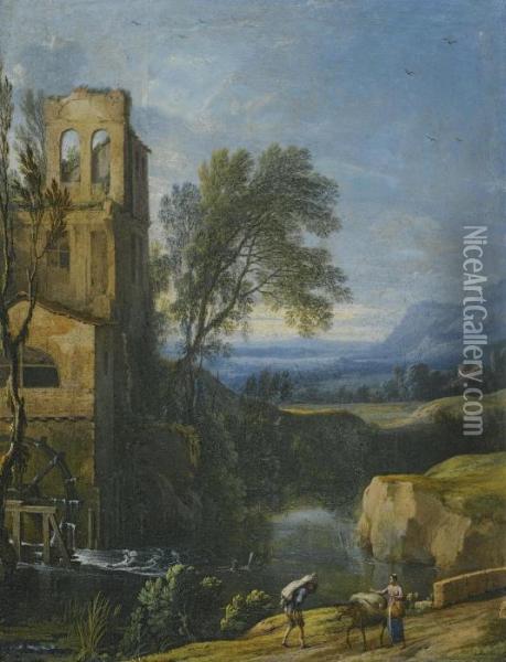 A River Landscape With A Watermill To The Left And Figures With A Donkey In The Foreground Oil Painting - Pierre-Antoine Patel