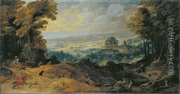 Gebirgslandschaft Mit Jager Vor Schloss Mariemont Oil Painting - Joos de Momper the Younger