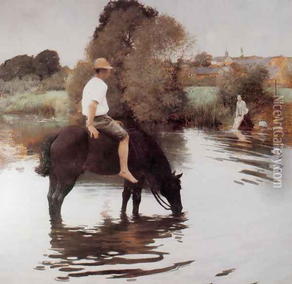Jeune paysan faisant boire son cheval (Young Peasant Taking His Horse to the Water Hole) Oil Painting - Jules Alexis Muenier