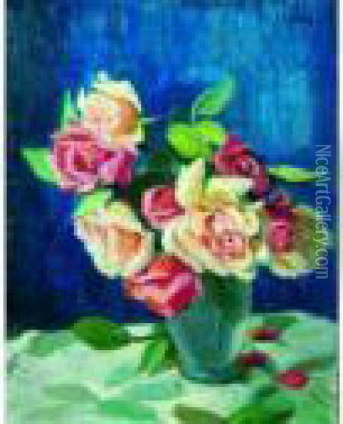 Le Bouquet De Roses. Oil Painting - France Leplat